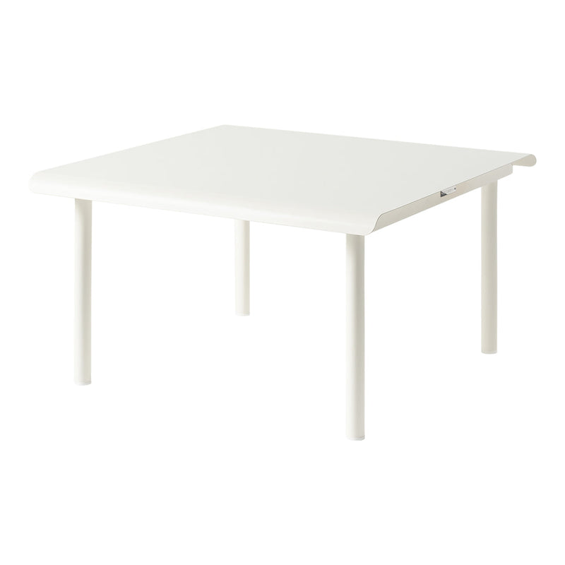 White square table with a smooth surface and clean lines, ideal for minimalist decor. Perfect for dining or workspace.