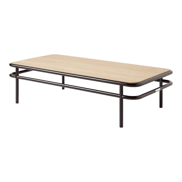 Wooden tabletop in natural finish with sleek black metal frame, showcasing a modern minimalist design.