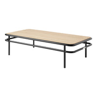 Light wood top with a natural finish and sleek black metal legs in a minimalist design. Perfect for modern decor.