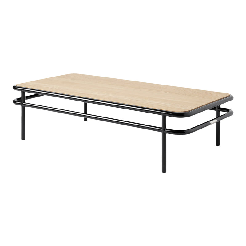 Light wood top with a natural finish and sleek black metal legs in a minimalist design. Perfect for modern decor.