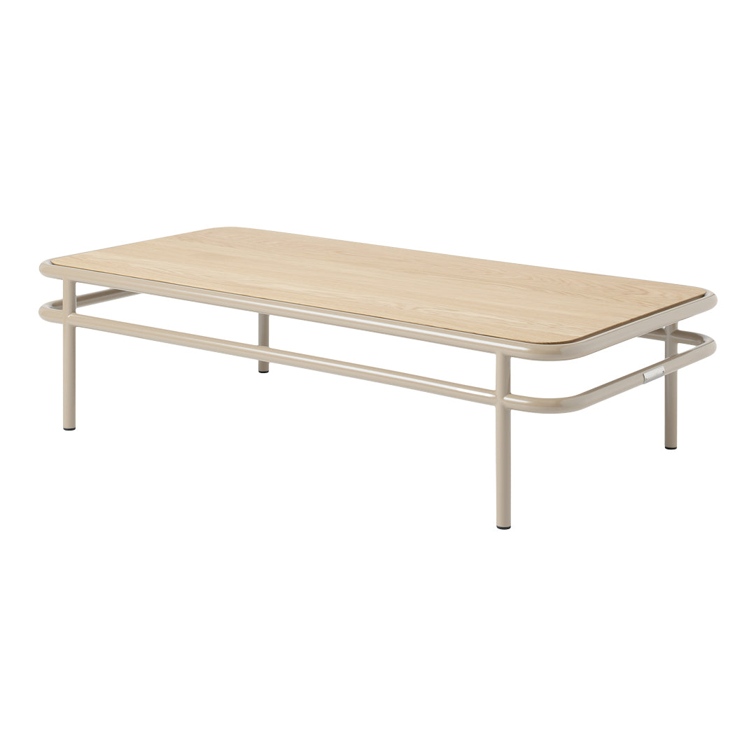 "Natural wood grain with a light beige metal frame, minimalist design, and smooth rectangular shape."