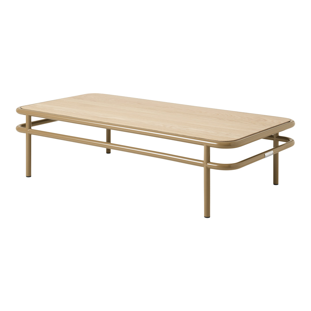 Light wood coffee table with a smooth oak finish and subtle beige metal frame for a modern, minimalist look.
