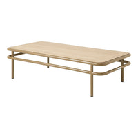 Light wood coffee table with a smooth oak finish and subtle beige metal frame for a modern, minimalist look.