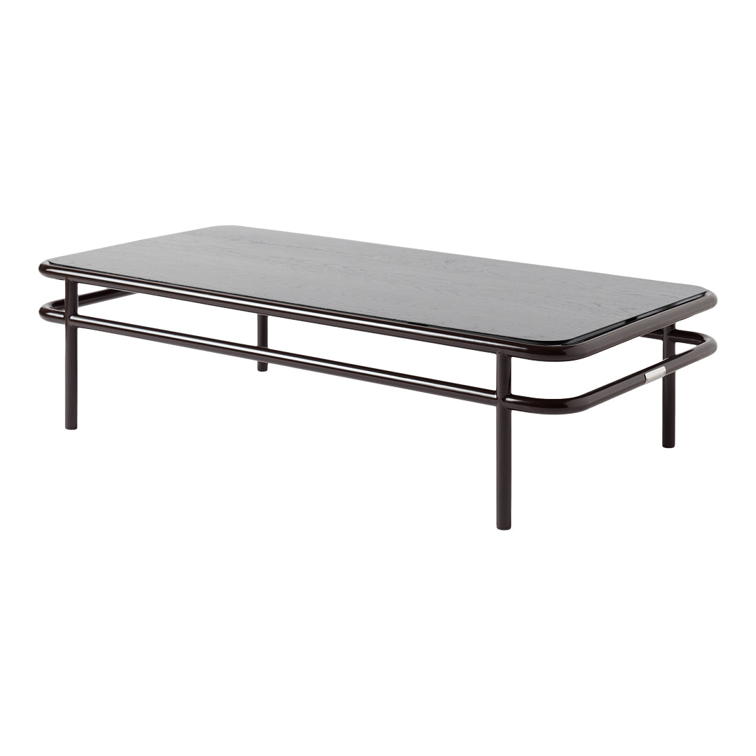 Modern black coffee table with minimalist design and smooth wood grain finish, supported by sleek metal legs.