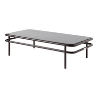 Modern black coffee table with minimalist design and smooth wood grain finish, supported by sleek metal legs.