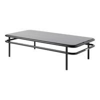 Black rectangular coffee table with a smooth surface and minimalist metal legs, showcasing a sleek, modern design.
