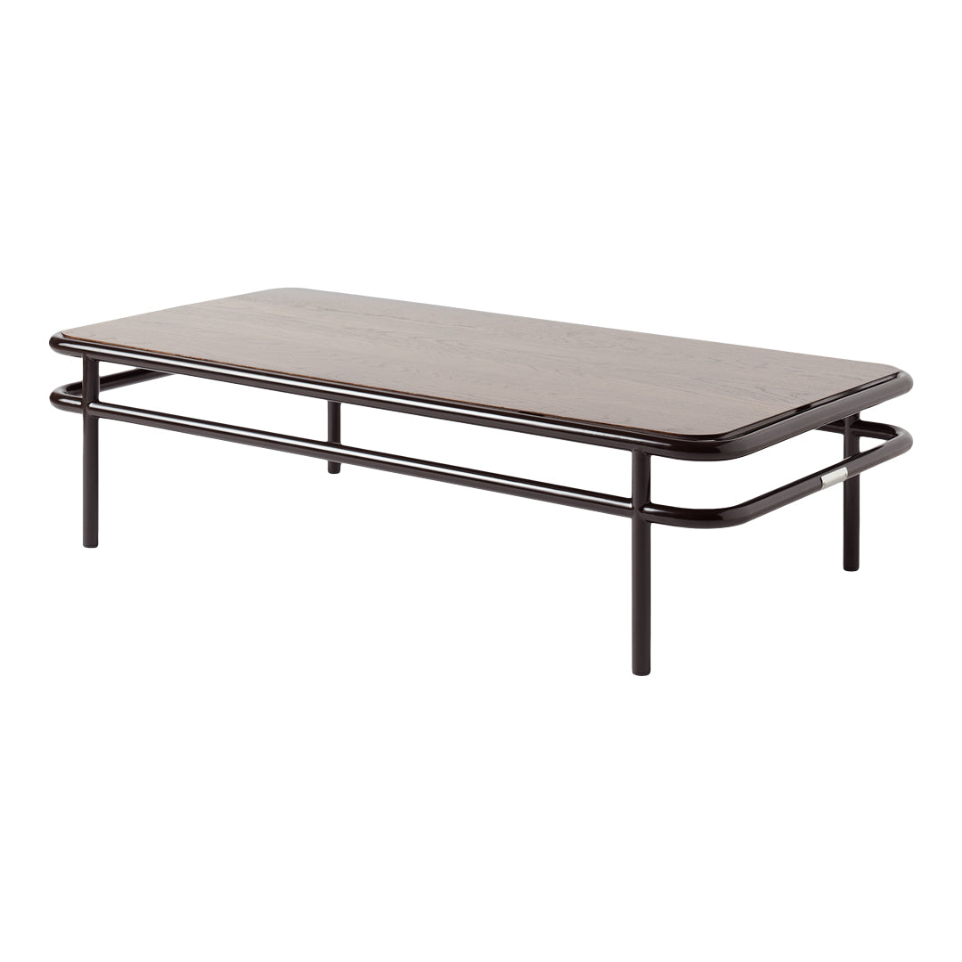 "Dark brown wooden coffee table with sleek black metal legs and a minimalist design, perfect for modern decor."