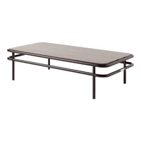 "Dark brown wooden coffee table with sleek black metal legs and a minimalist design, perfect for modern decor."