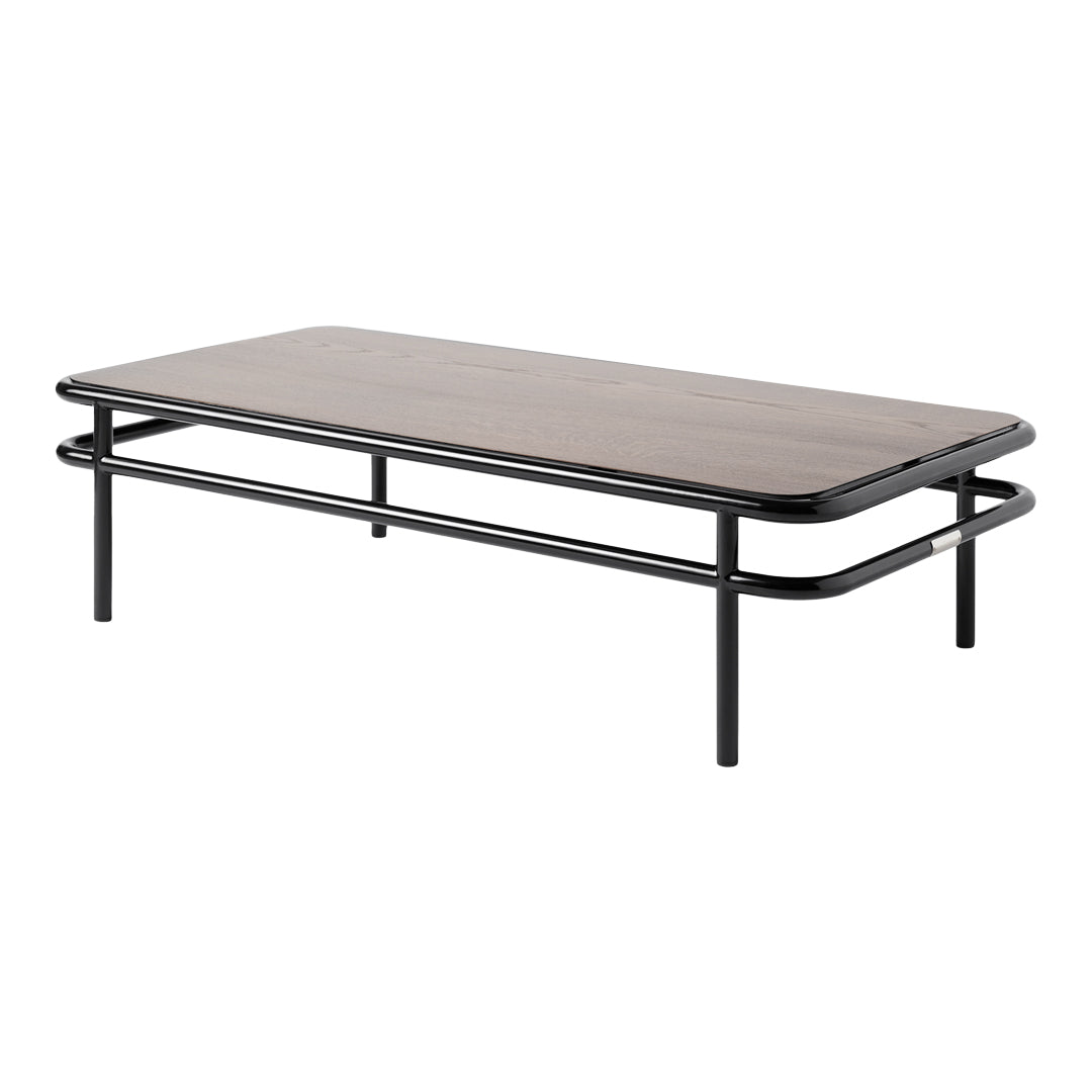 Modern black coffee table with a sleek wooden top and minimalist design, featuring a warm brown finish.
