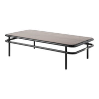 Modern black coffee table with a sleek wooden top and minimalist design, featuring a warm brown finish.