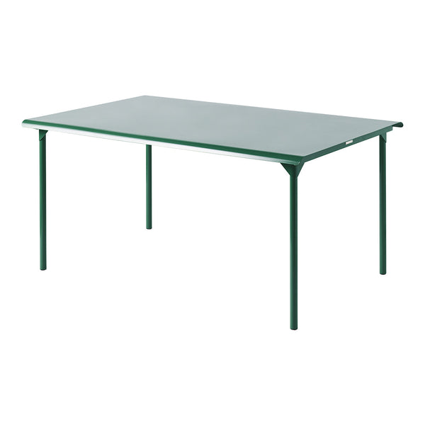 Green rectangular table with a smooth surface and sturdy legs, ideal for outdoor dining or workspace.