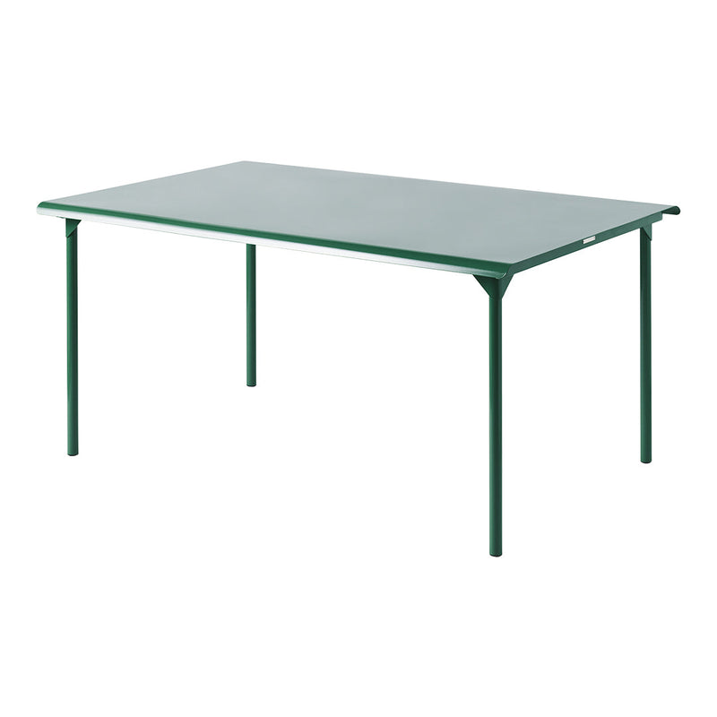 Green rectangular table with a smooth surface and sturdy legs, ideal for outdoor dining or workspace.