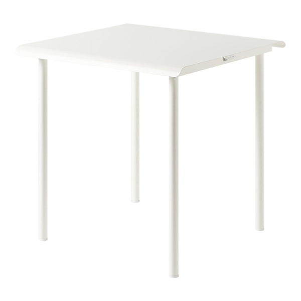 White square table with minimalist design and smooth surface, featuring sleek white metal legs.
