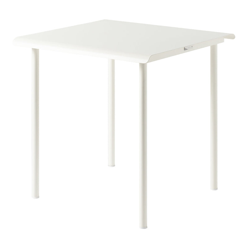 White square table with minimalist design and smooth surface, featuring sleek white metal legs.