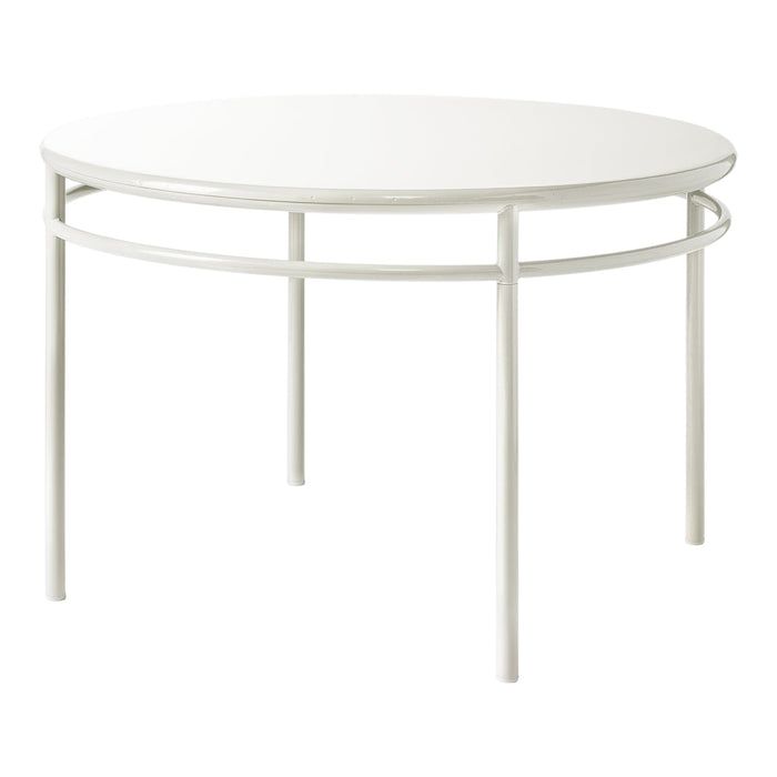 Round white table with a sleek, minimalist design and smooth glossy surface, featuring a simple metal frame.