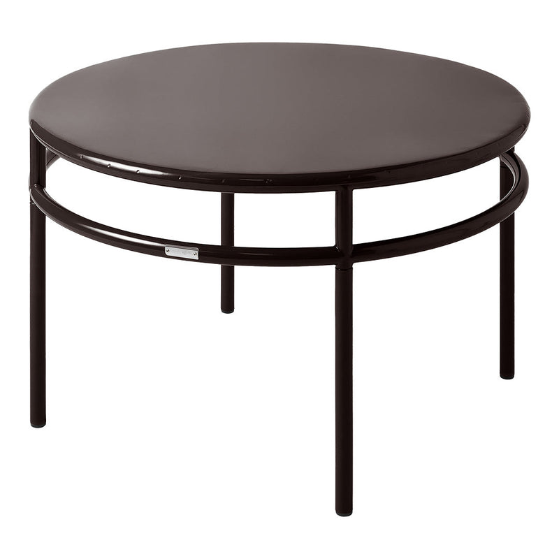 Round coffee table with a sleek dark brown finish and minimalist design, ideal for modern decor.