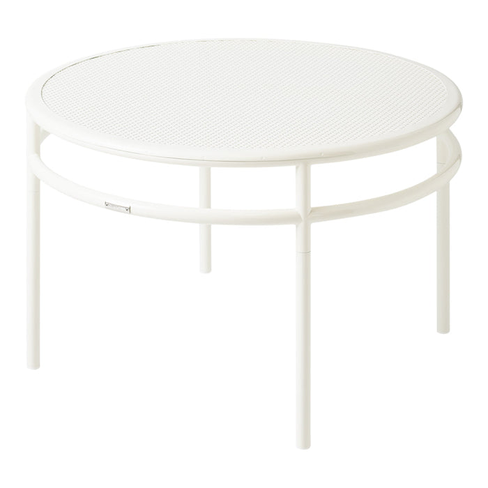 Round white coffee table with a textured mesh top and smooth, minimalistic design, perfect for modern decor.