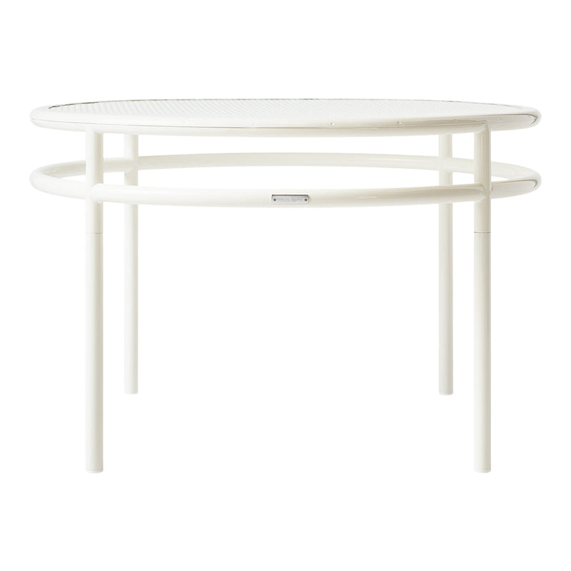 White round table with a textured top and smooth finish, featuring sleek circular frame and minimalist design.