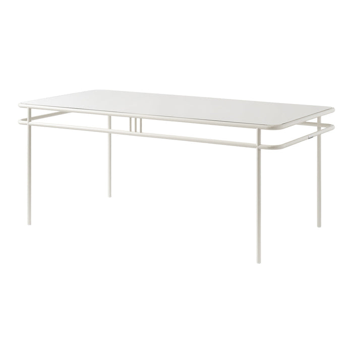 White rectangular table with sleek lines and minimalistic design, featuring a smooth surface and light-colored metal frame.