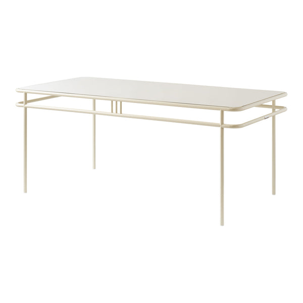 Modern white table with sleek, gold metal frame, featuring a minimalist design and rectangular shape.