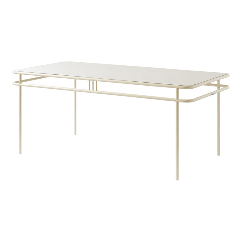 Modern white table with sleek, gold metal frame, featuring a minimalist design and rectangular shape.