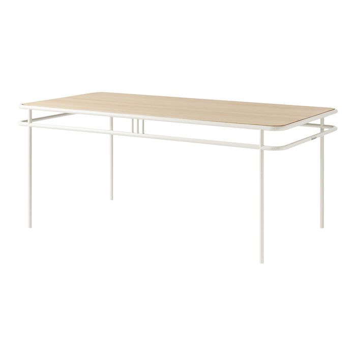 Light wood tabletop with a smooth finish paired with a sleek white metal frame creating a modern, minimalist look.