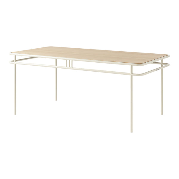 Light wood tabletop with sleek off-white metal legs, showcasing a minimalist design and neutral color palette.