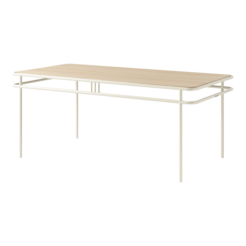 Light wood tabletop with sleek off-white metal legs, showcasing a minimalist design and neutral color palette.