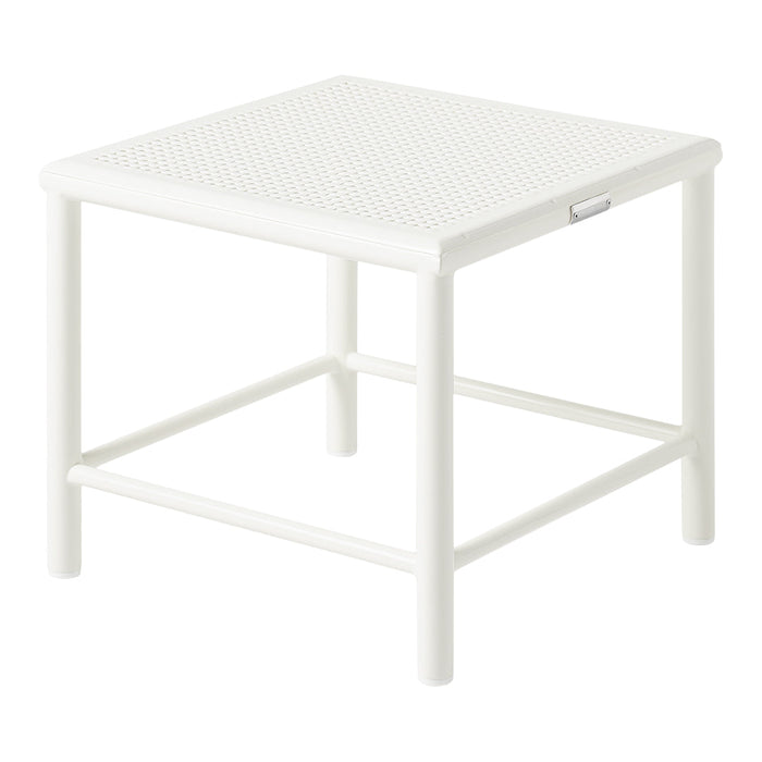 White minimalist square side table with a perforated top pattern and smooth round legs. Ideal for modern decor.