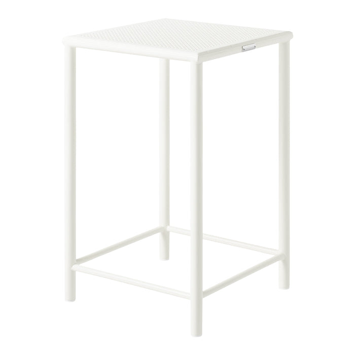 White bar stool with a textured, patterned top and sleek legs for a modern look. Perfect for minimalist decor.