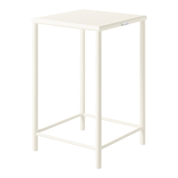 White bar stool with a textured top and smooth legs, featuring a modern minimalist design. Perfect for any decor.