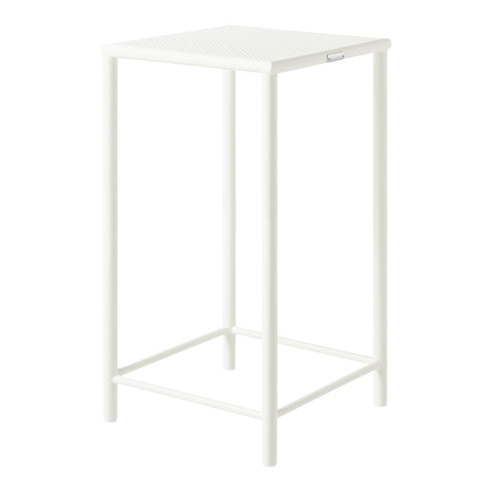 White bar stool with a textured pattern on the seat and sleek, minimalist design. Perfect for modern interiors.