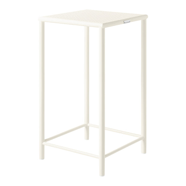 White bar stool with a textured top and sleek legs, perfect for modern decor. Ideal for indoor and outdoor use.