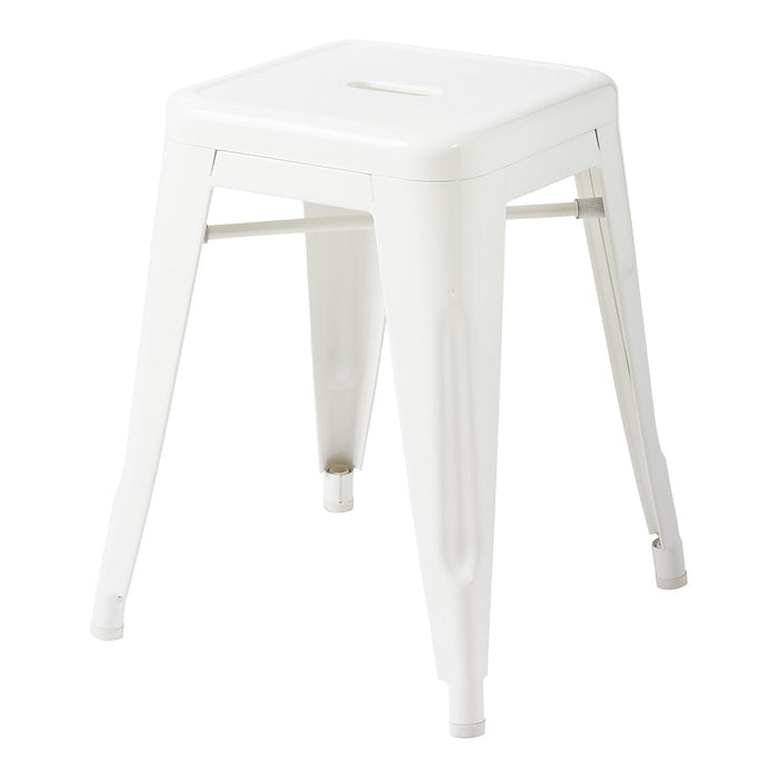 White metal stool with a sleek, minimalist design and smooth surface, perfect for modern decor settings.