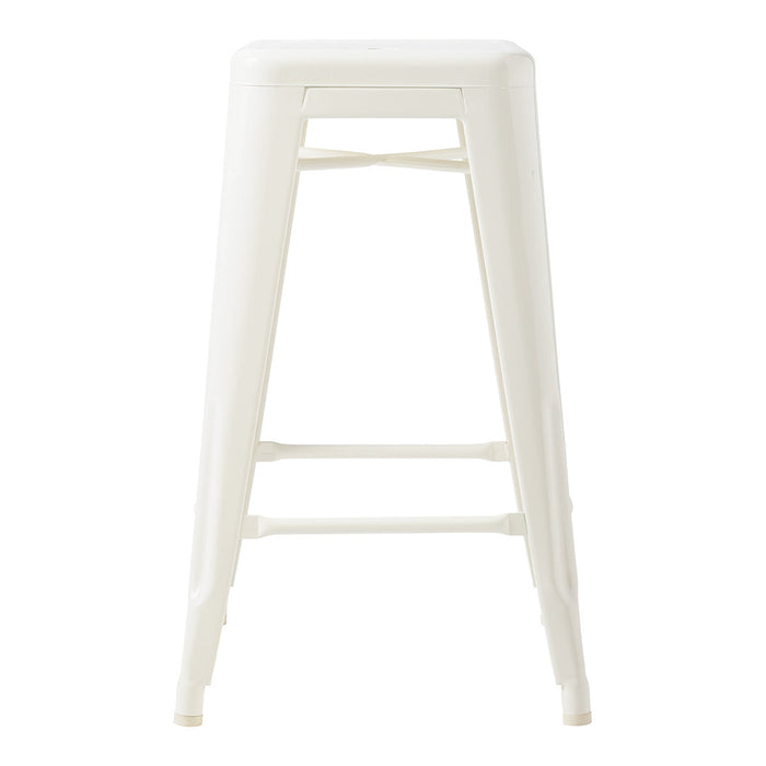 White metal bar stool with a sleek, minimalistic design and smooth finish. Perfect for modern decor.