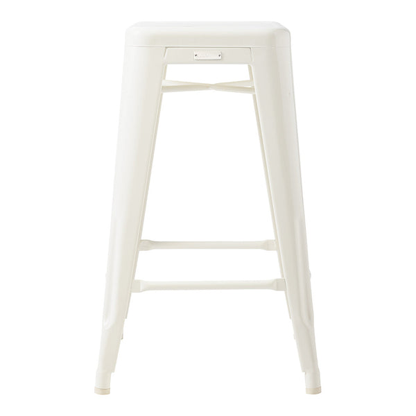 White metal bar stool with a sleek, glossy finish and minimalistic design. Perfect for modern decor.