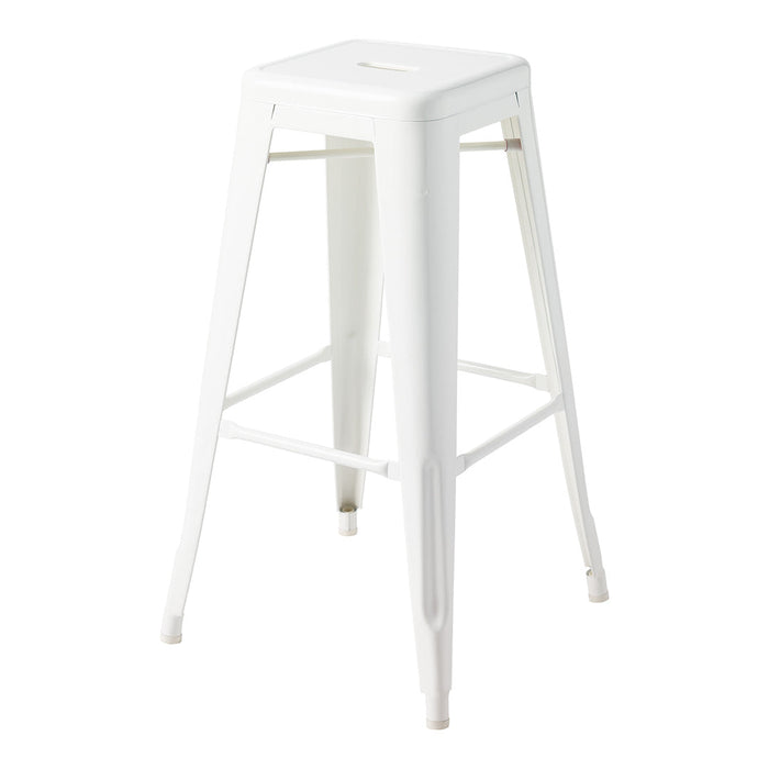 White metal bar stool with a sleek, minimalist design and smooth surface, perfect for modern decor.