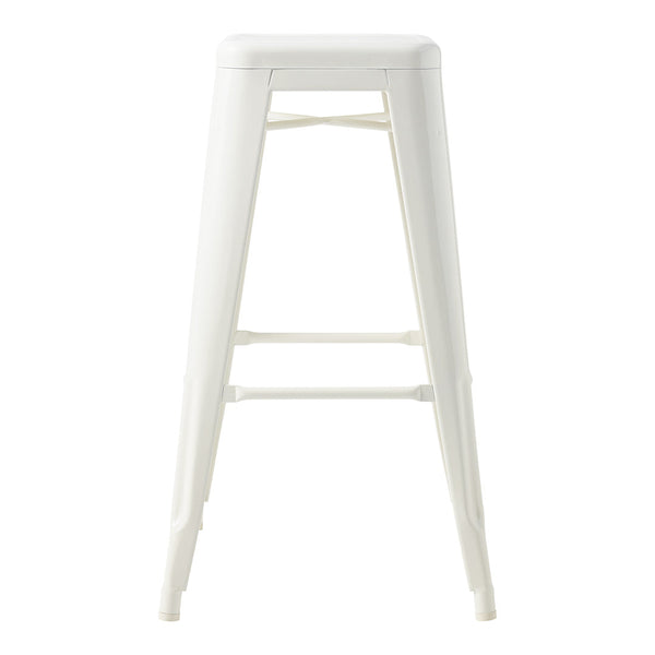 White metal bar stool with a minimalist design and smooth finish, perfect for modern decor.