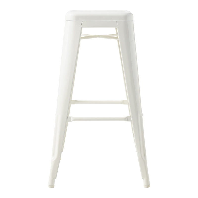 White metal bar stool with a minimalist design and smooth finish, perfect for modern decor.