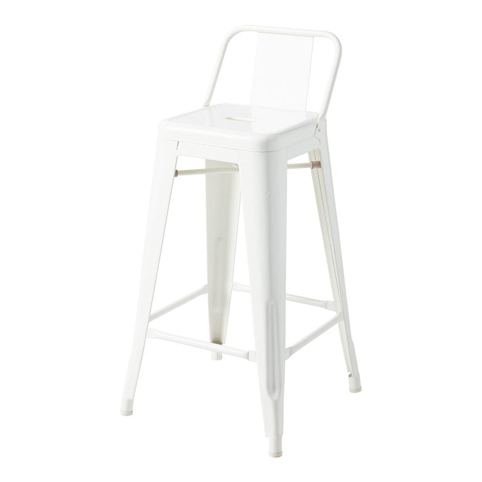 White metal bar stool featuring a sleek, minimalist design with a glossy finish and subtle industrial accents.