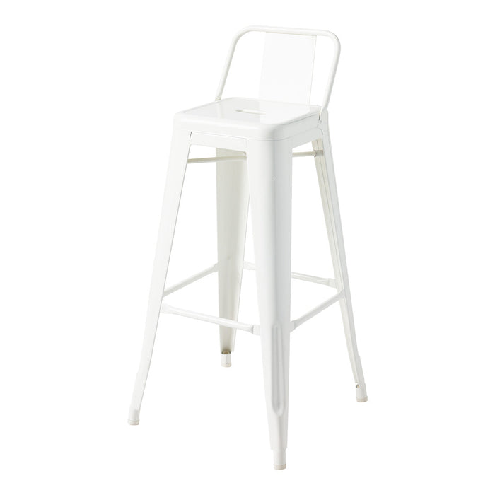 White metal bar stool with a sleek, minimalist design, featuring a smooth, glossy finish and clean lines.