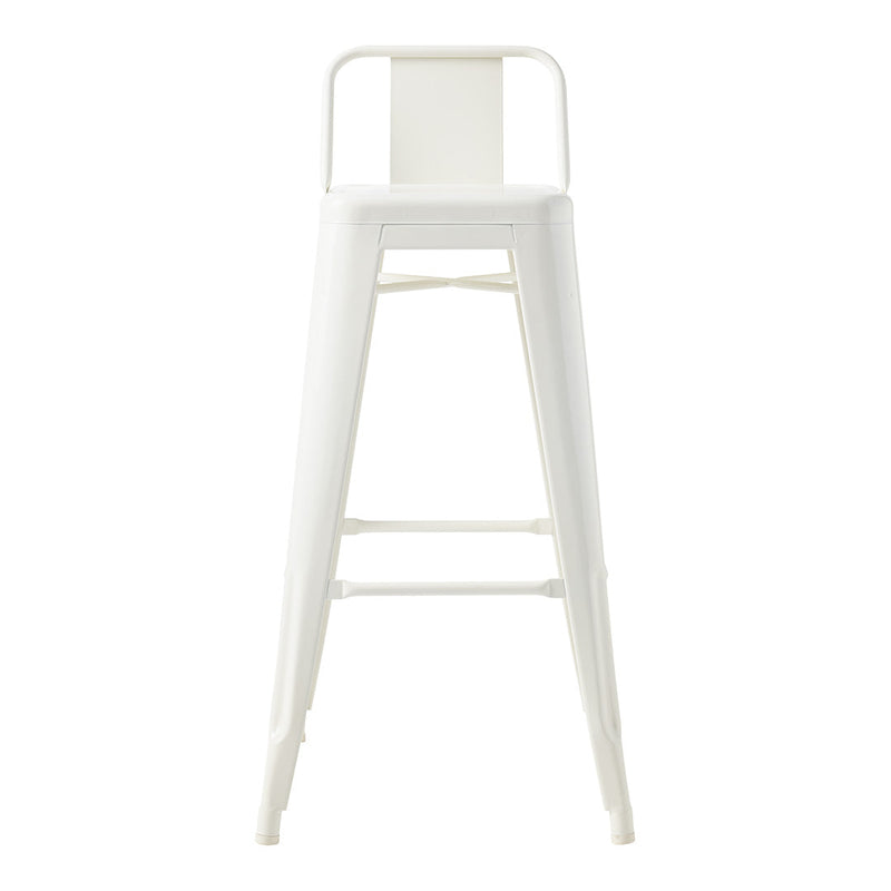 White metal bar stool with a sleek, modern design and minimalist style, featuring smooth lines and a matte finish.