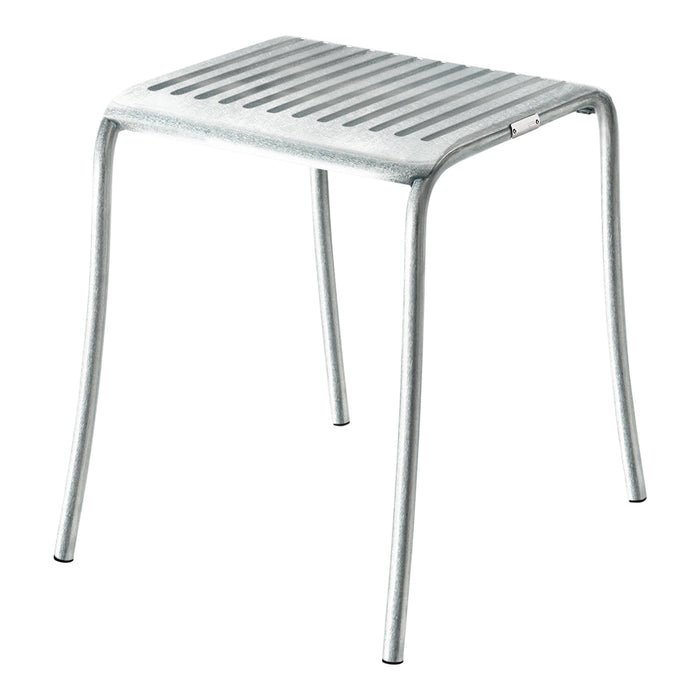 Silver metal stool with a striped seat design, perfect for modern minimalist decor.