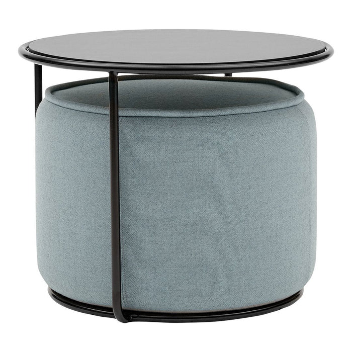 Light blue upholstered round ottoman with sleek black metal frame and circular top. Modern minimalist design.