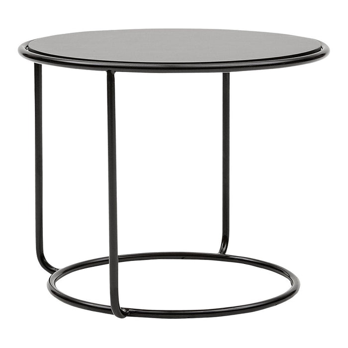 Minimalist black round side table with a sleek matte finish and a simple geometric design. Perfect for modern decor.