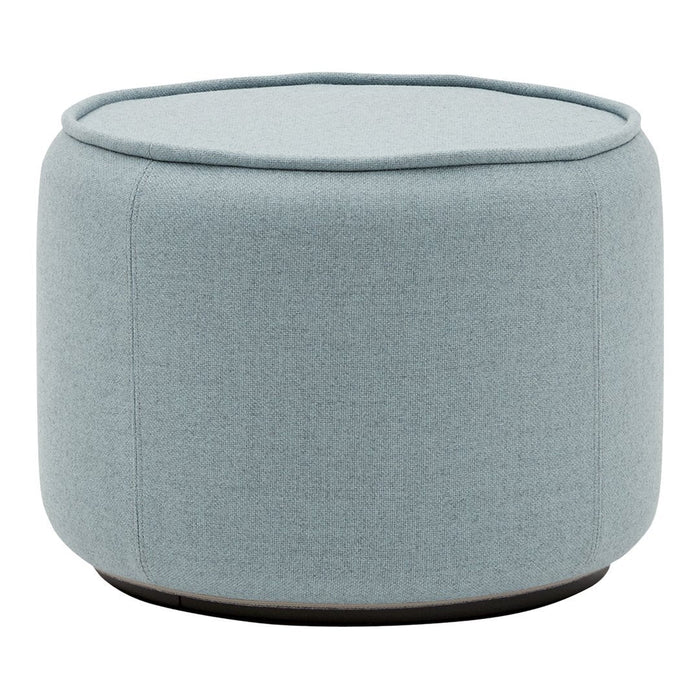 Light blue, round ottoman with a smooth texture and subtle seam detailing, perfect for modern decor.