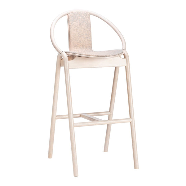 Light beige high chair with a textured backrest and smooth round frame design, perfect for modern spaces. 