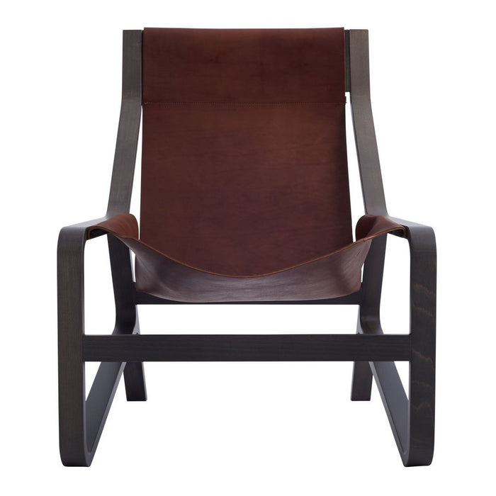 Brown leather lounge chair with dark wood frame, featuring a minimalistic design and smooth, sleek finishes.