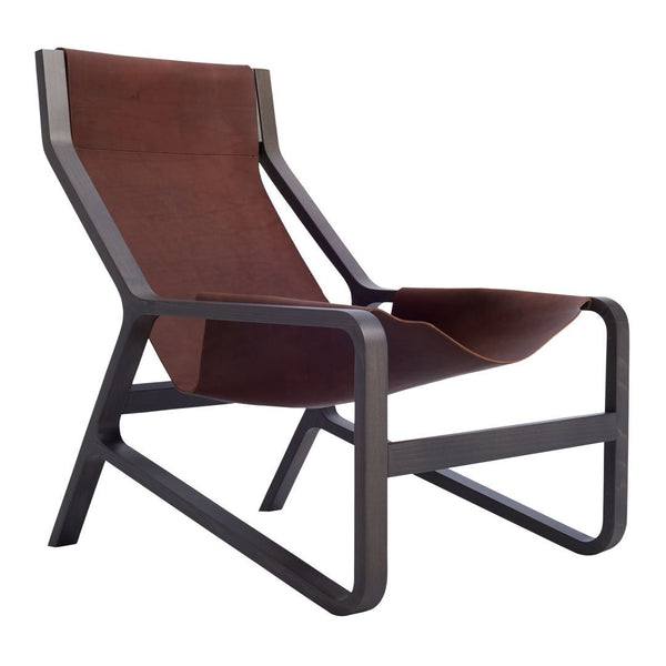 Brown fabric lounge chair with a sleek, minimalist black metal frame. Modern design with clean lines and a stylish look.