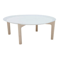 Round coffee table with a sleek white top and natural wooden legs, featuring a minimalistic, modern design.